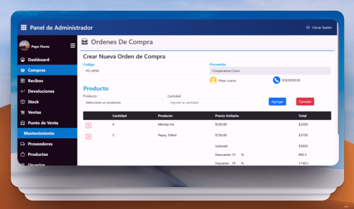 Crear orden de compra