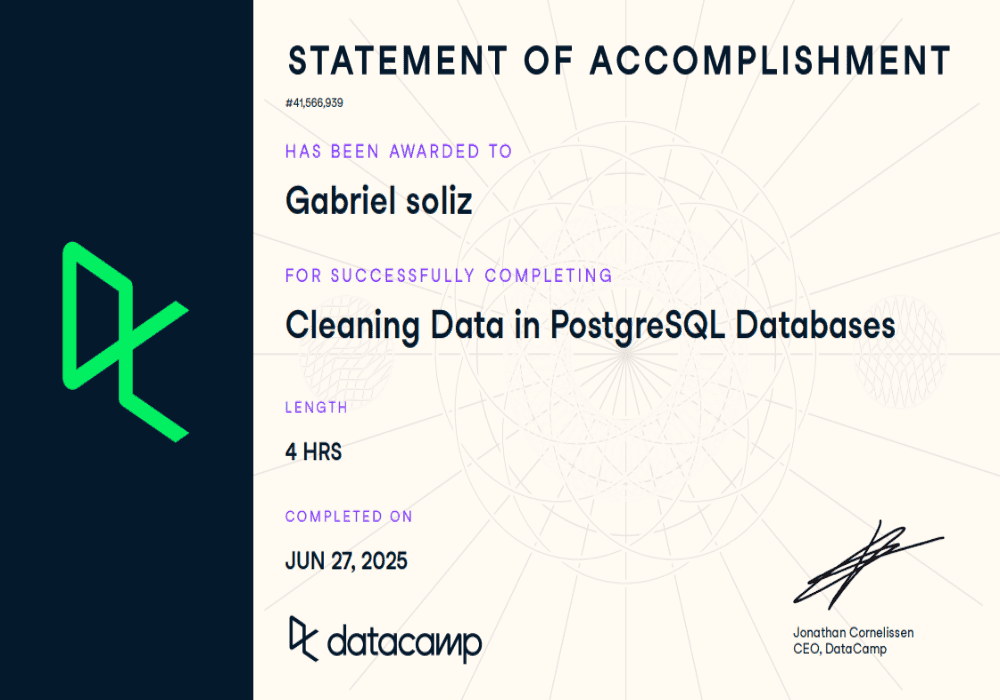 Certificación de Cleaning Data in PostgreSQL Databases